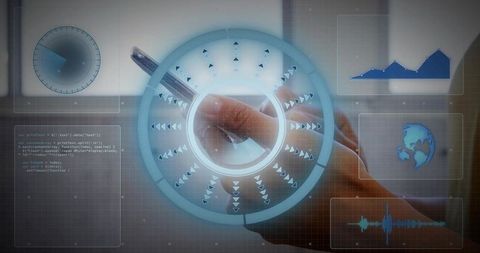 Mid-adult woman interacting with holographic touchscreen hud displaying data analytics