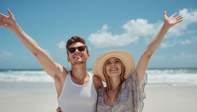 Joyful Couple Enjoying Beach Vacation Under Sunny Sky