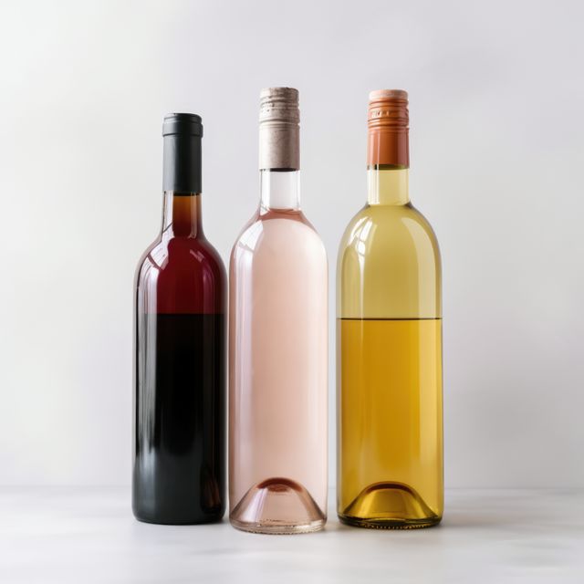 Three wine bottles, featuring red, rosé, and white wine, standing upright on a white background. Useful for advertisements, online stores, and promotions related to wine and alcoholic beverages. Ideal for use in print or digital media focusing on wine selection, tasting events, or luxurious settings.