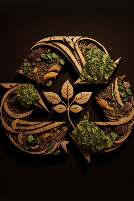 Recycling symbol with leaves and roots on brown backrgound, created using generative ai technology. Recycling and ecology concept digitally generated image.