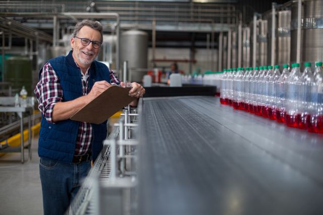Male factory worker smiling while inspecting the bottling line in a beverage production factory. This image is ideal for use in articles, presentations, and marketing materials related to manufacturing, quality control, industrial operations, and production process efficiency.