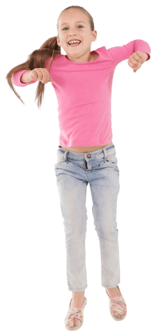 Joyful caucasian girl jumping in pink shirt on transparent background