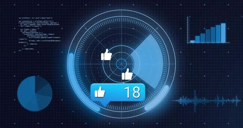 Futuristic analytics radar hud displaying engagement metrics with thumbs-up badge 18 ui