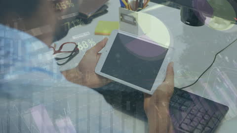 Businessman Using Tablet with Financial Data Overlay