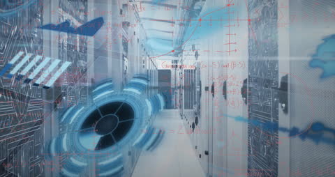 Futuristic Server Room with Digital Data Overlay Animation