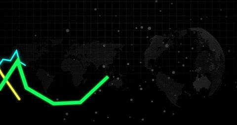 Neon analytics dashboard showing rising green trend line, cyan spike and dotted globe
