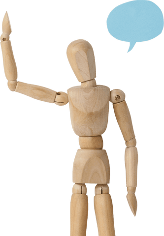 Transparent wooden figure with speech cloud raised hand gesture