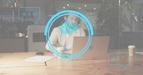 Mid-adult man working on laptop with AI brain overlay in modern coworking workspace