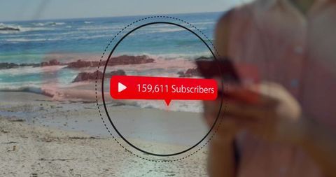 Influencer checking subscriber count on smartphone with ocean background and red subscriber badge