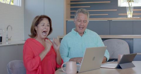 Senior Couple Celebrating Success at Home with Technology