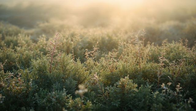 Dew-Covered Meadow Shrubs Catching Golden Morning Light, Backlit Mist for Calm Nature Backgrounds