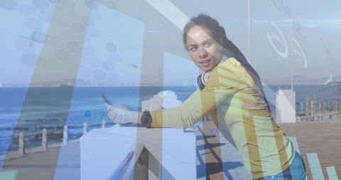 Young Woman Analyzing Data by Seaside Promenade