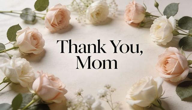 Thank you mom floral flatlay with pale pink and white roses and baby's breath