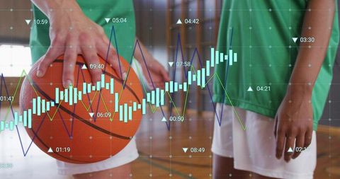 Women basketball players holding ball while analytics overlay visualizing performance data