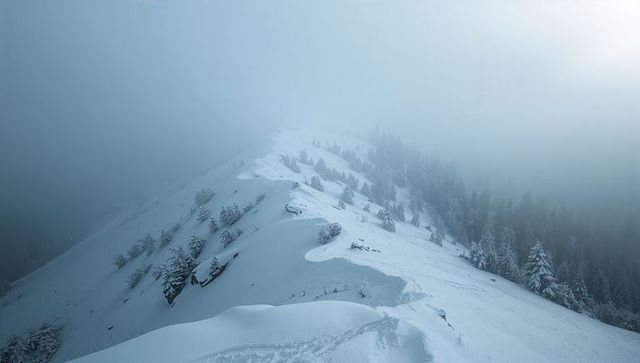 Misty alpine ridge stretching into fog with wind-sculpted snowdrifts and cornices