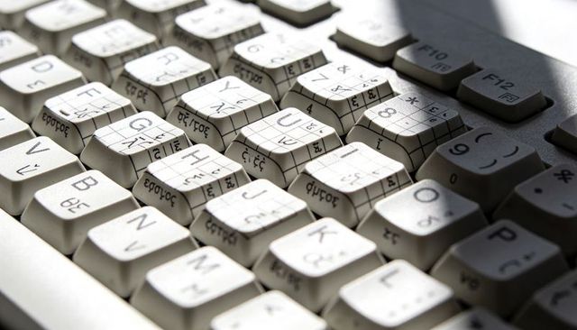 Closeup keyboard with handwritten grid stickers on keycaps casting soft shadows
