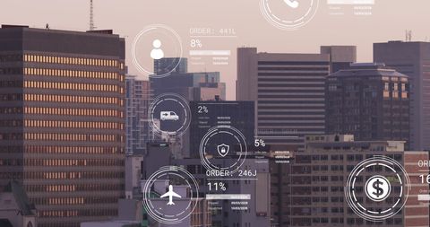 Futuristic Data Analytics Over Urban Landscape at Sunset