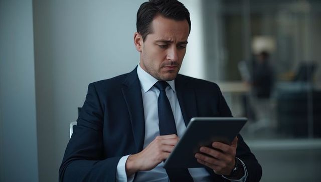 Business Professional Using Tablet for Data Analysis in Office