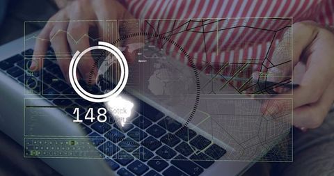 Hands Typing on Laptop with Smartphone, Futuristic Data Interface and Analytics Overlay