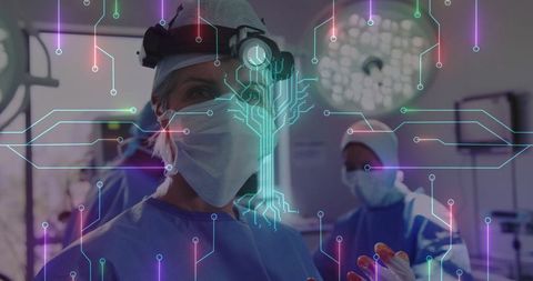 Futuristic Surgeon with Digital Circuit Overlay in Operating Room
