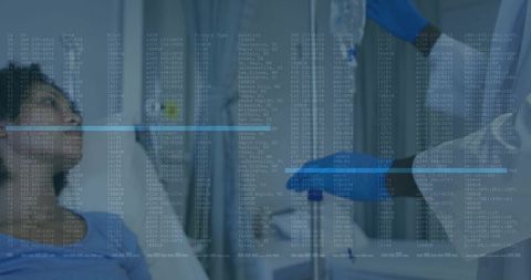 Clinician placing pulse oximeter and adjusting iv with transparent vitals data overlay