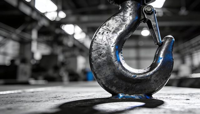 Displaying heavy steel crane hook close-up with weld marks, industrial hoist and shackle