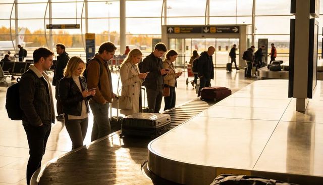 Passengers waiting at airport baggage claim checking smartphones and collecting suitcases