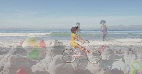 Child Enjoying Beachside Bike Ride in Summer Joy