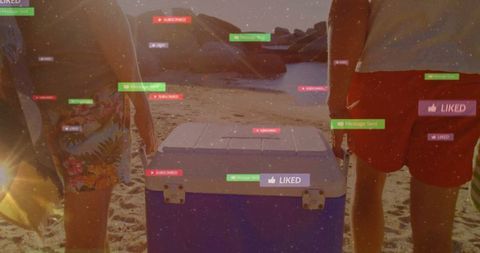 People mingling by cooler on beach, social media overimpression