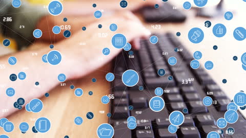 Digital Innovation Icons Overlay Typing Hands on Keyboard