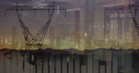 Cityscape Financial Data Overlay with Power Line During Sunset