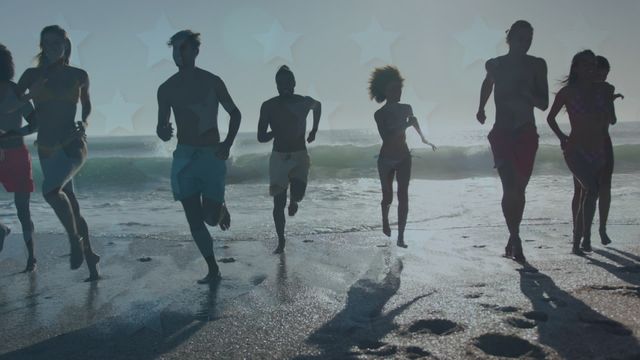 Group of diverse friends running on beach at sunrise. Ideal for content related to holidays, vacations, friendship, youth, and outdoor activities. Represents joy, adventure, and fun during summertime.