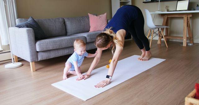 Mother Doing Yoga at Home with Baby in Living Room - Download Free Stock Images Pikwizard.com