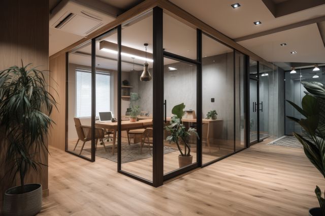 Glass-walled office conference room with hardwood floors featuring a modern and minimalistic design with plants and plenty of natural light. Ideal for business environments, corporate settings, marketing purposes, presentations on modern office design, and workspace imagery.