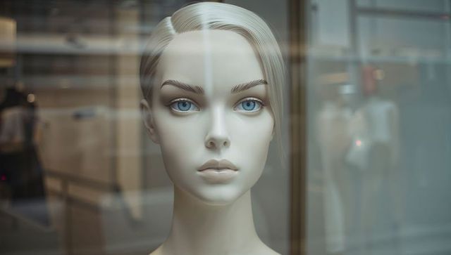 Lifelike female mannequin head behind glass with reflections in minimalist retail window