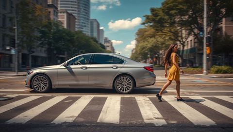 Silver sedan stopping on crosswalk while woman in yellow dress walking downtown street