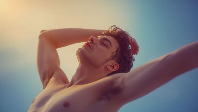 Free-Spirited Male Under Open Sky Embracing Nature and Sunlight