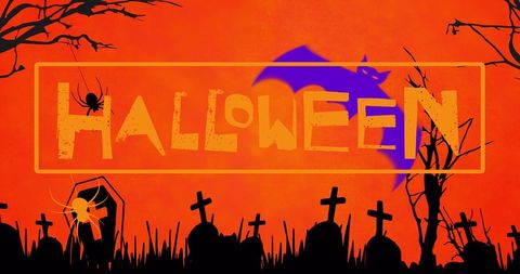 Happy Halloween Greeting with Creepy Cemetery Background