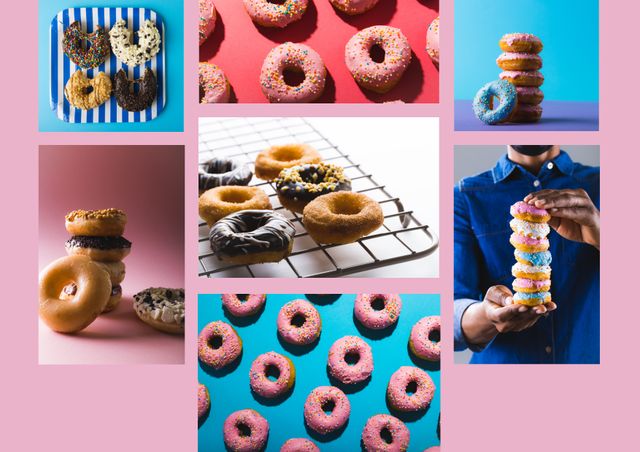 Colorful Donut Collage with Various Toppings and Backgrounds - Download Free Stock Videos Pikwizard.com