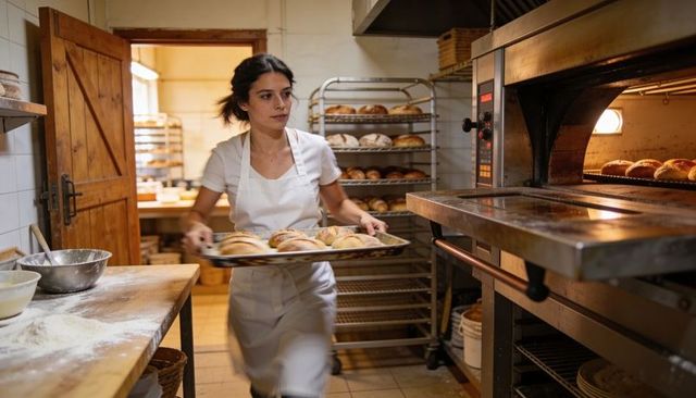Female baker carrying tray of fresh artisan rolls from commercial oven in bakery