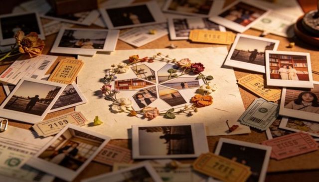 Evoking nostalgia: vintage polaroid memory circle with dried flowers and travel tickets