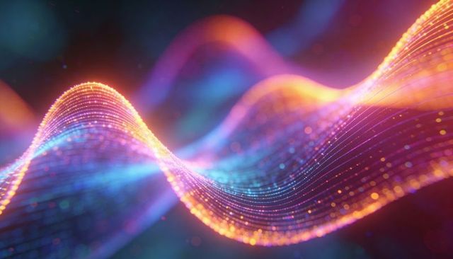 Flowing luminous particle wave with neon glow and colorful data ribbon for digital network