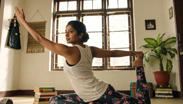 Young woman practicing yoga at home in sunlit room wearing floral leggings