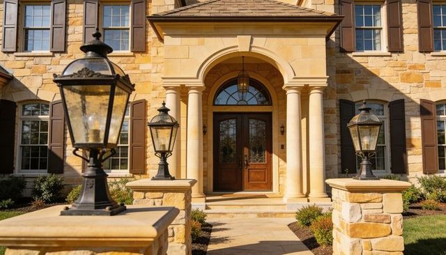 Elegant stone manor grand front entrance with arched portico, classic columns and lanterns