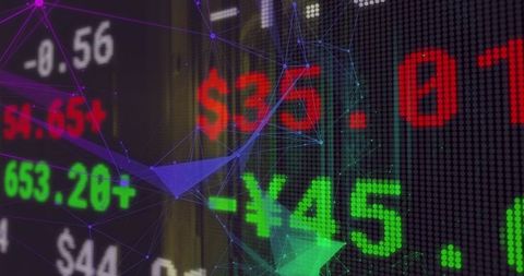 Neon led currency ticker with red dollar and green yen digits over polygonal data network