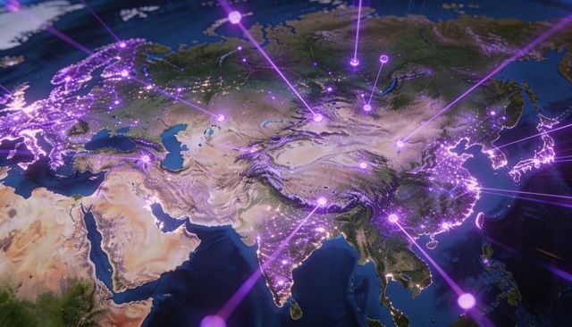 Neon network connecting eurasia with glowing nodes, city lights and satellite connectivity