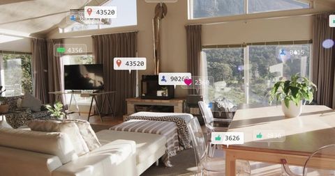 Sunlit modern open-plan living-dining with augmented reality overlays and mountain view