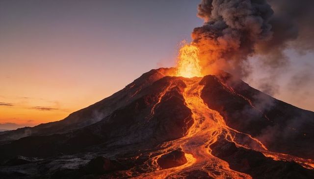 Erupting stratovolcano at dusk with incandescent lava flow and towering ash plume