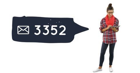 Woman with tablet checking 3352 messages notification icon