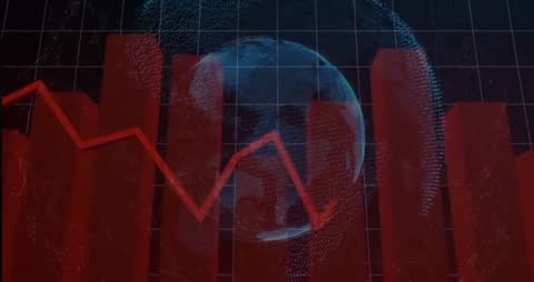 3D Globe with Downtrend Charts and Glowing Nodes in Digital Interface